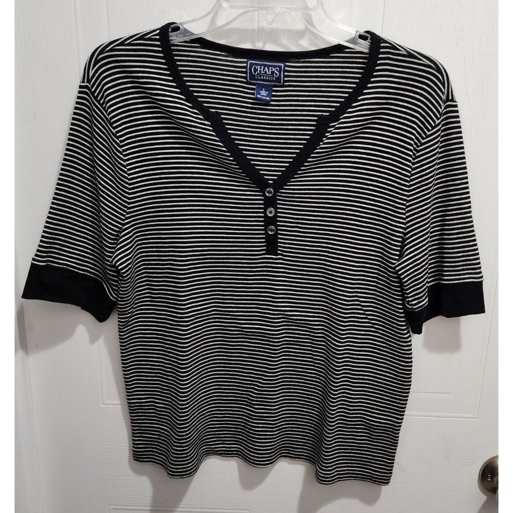 Chaps Women's Short Sleeve Henley Tee Shirt Top Black/White Striped Size Large